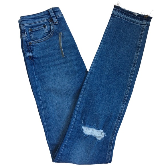 Asos Tall High Rise Distressed Raw Hem Blue Denim Jeans 26 - Picture 4 of 17